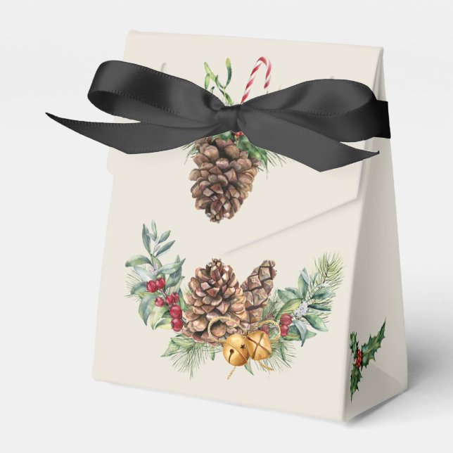 Christmas poinsettia, robin, pine, cones, holly favour box (Front Side)
