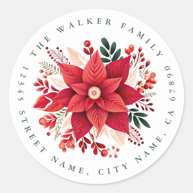 Christmas Poinsettia Round Stickers (Front)