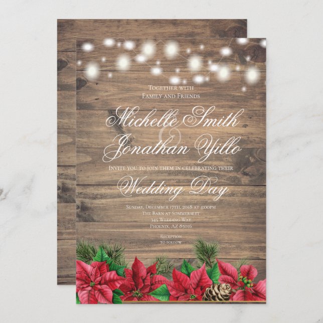 Christmas Poinsettia Rustic Winter Wedding Invitation (Front/Back)