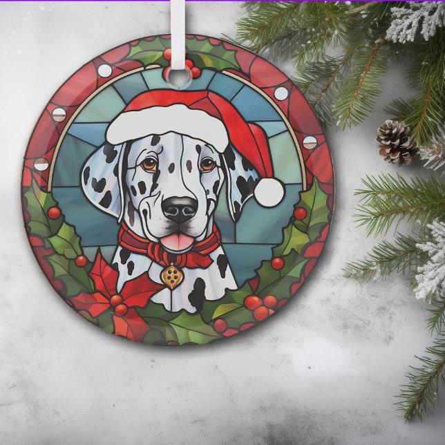 Christmas Poinsettia Santa Dalmatian Dog Glass Tree Decoration (Creator Uploaded)