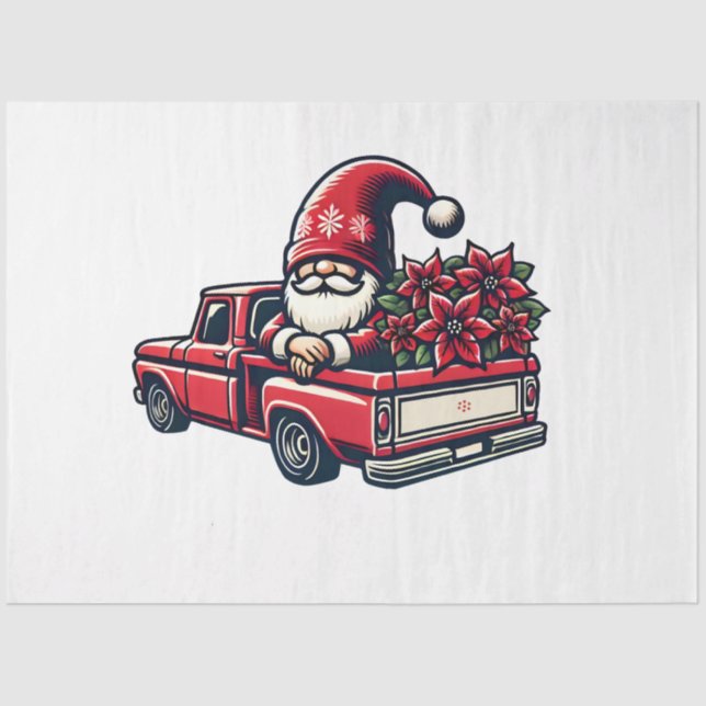 Christmas Poinsettia Santa Gnome In Pickup Truck Tissue Paper (Front)