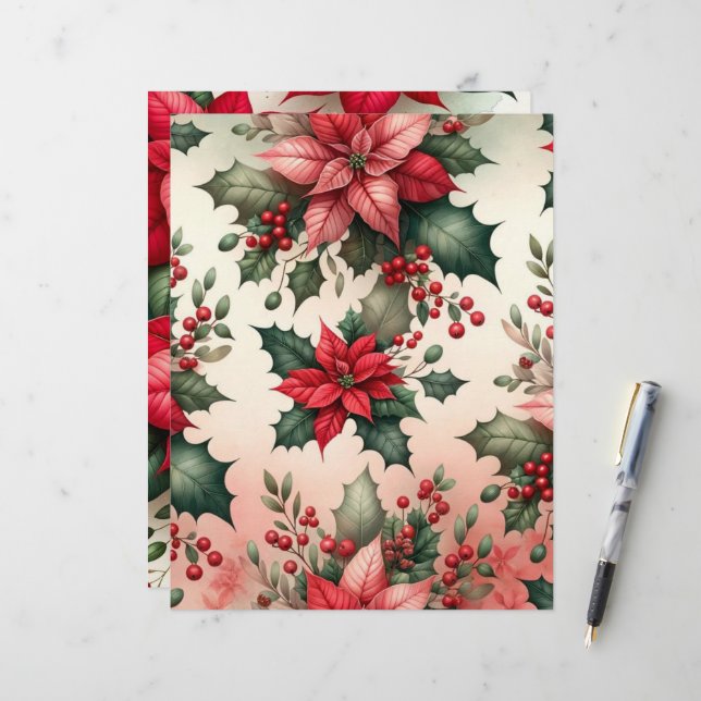 Christmas Poinsettia Scrapbook Paper (Front/Back In Situ)