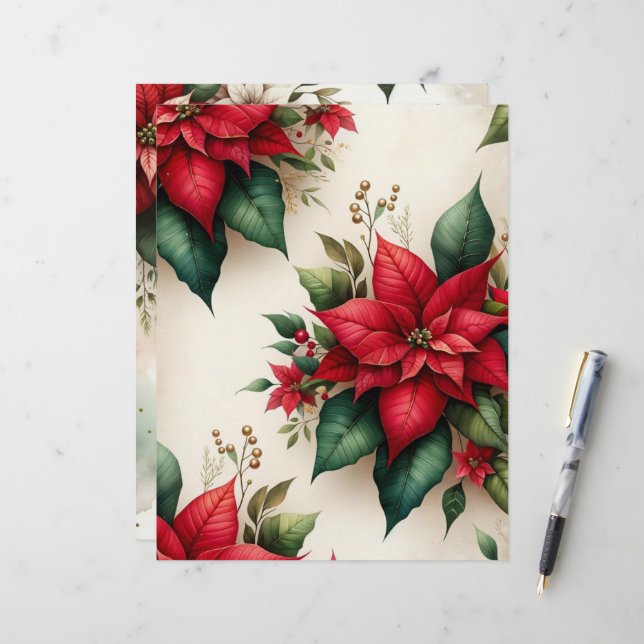 Christmas Poinsettia Scrapbook Paper (Front/Back In Situ)