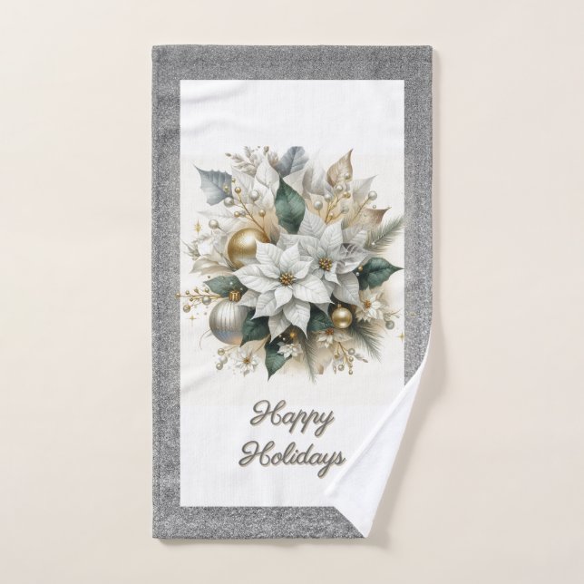 Christmas Poinsettia Silver Glitter Hand Towel (Hand Towel)