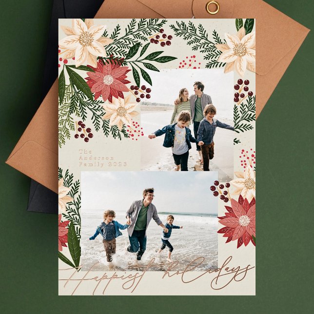 Christmas Poinsettia Splendour Photo Collage Foil Holiday Card (Creator Uploaded)