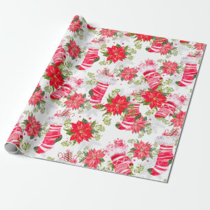 Christmas Poinsettia Stocking & Gloves Wrapping Paper