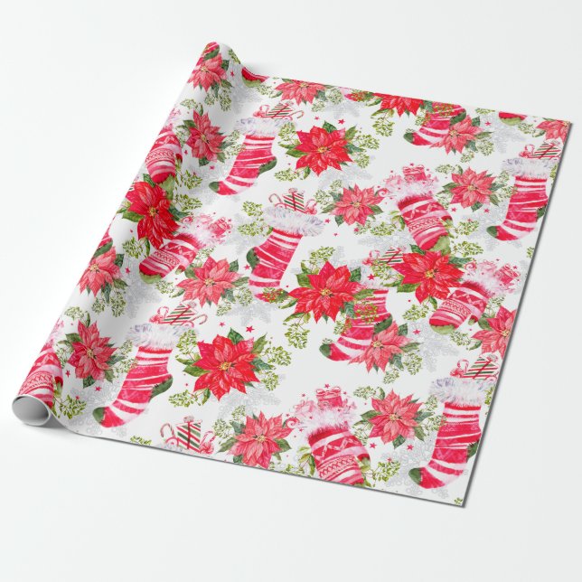 Christmas Poinsettia Stocking & Gloves Wrapping Paper (Unrolled)