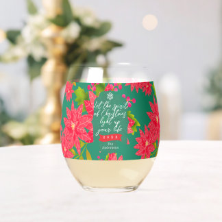 Christmas Poinsettia Teal Stemless Wine Glass