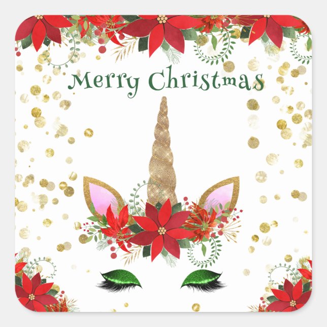 Christmas Poinsettia Unicorn Green Party Favours Square Sticker (Front)