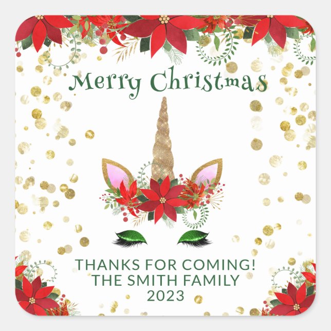 Christmas Poinsettia Unicorn Green Party Favours Square Sticker (Front)