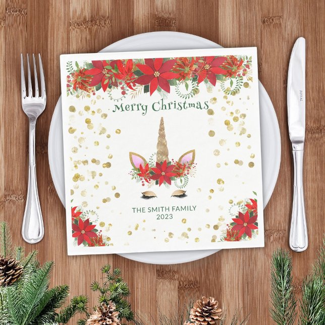 Christmas Poinsettia Unicorn with Green Font Party Napkin (Creator Uploaded)