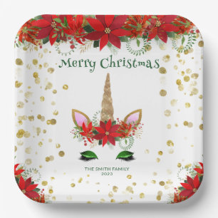 Christmas Poinsettia Unicorn with Green Font Party Paper Plate