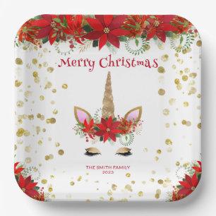 Christmas Poinsettia Unicorn with Red Font Party Paper Plate