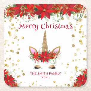 Christmas Poinsettia Unicorn with Red Font Party Square Paper Coaster
