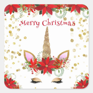 Christmas Poinsettia Unicorn with Red Party Favors Square Sticker