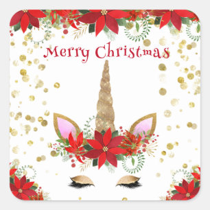 Christmas Poinsettia Unicorn with Red Party Favour Square Sticker