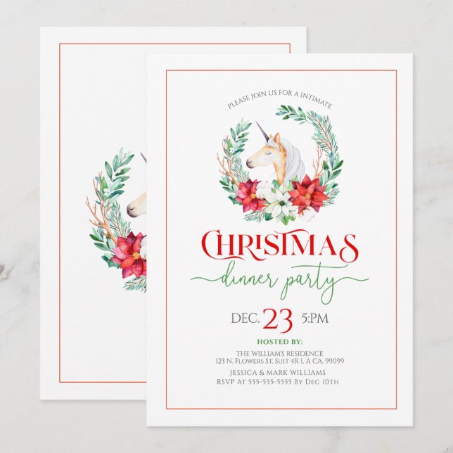 Christmas poinsettia & unicorn wreath party invite (Front/Back)