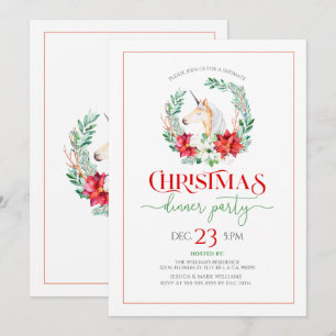 Christmas poinsettia & unicorn wreath party invite