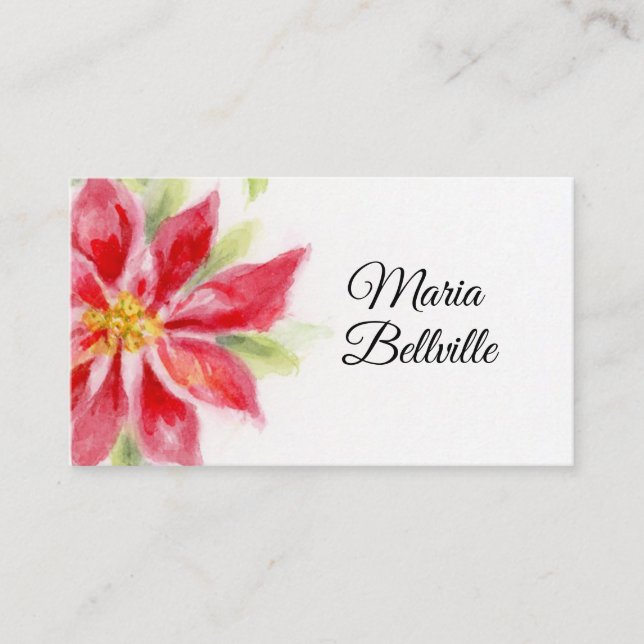 Christmas Poinsettia Watercolor Flat Place Card (Front)