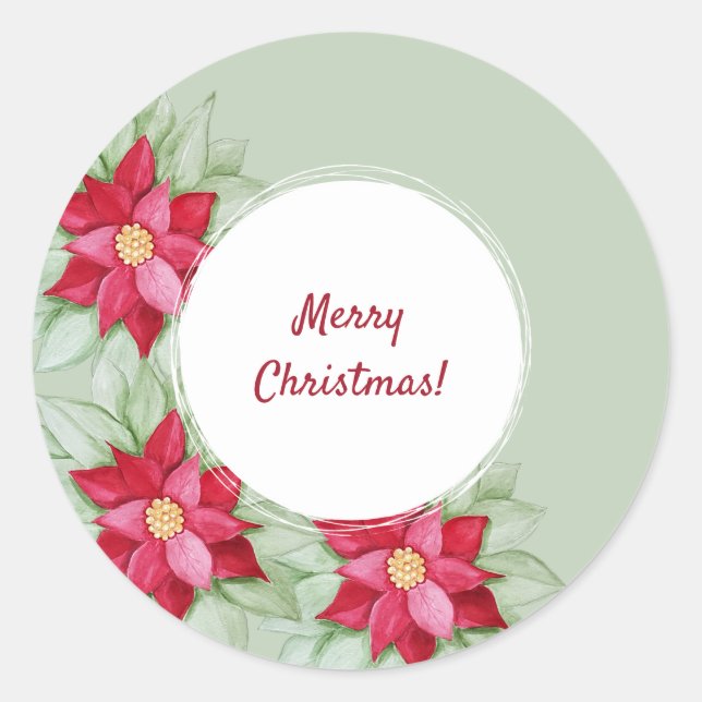 Christmas Poinsettia Watercolor Hand-painted Classic Round Sticker (Front)