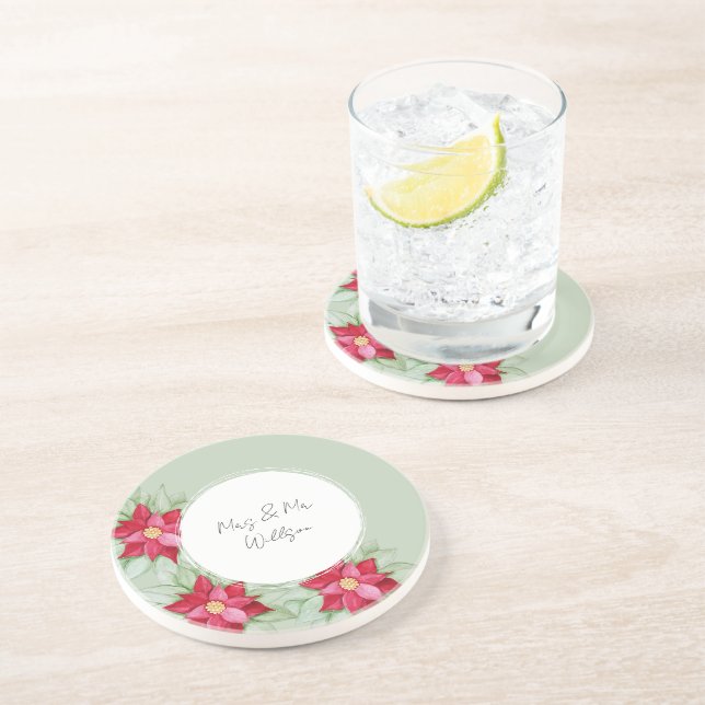 Christmas Poinsettia Watercolor Hand-painted Coaster (Side)