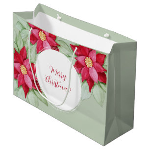 Christmas Poinsettia Watercolor Hand-painted Large Gift Bag