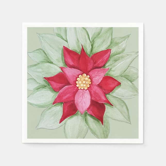 Christmas Poinsettia Watercolor Hand-painted  Napkin (Front)