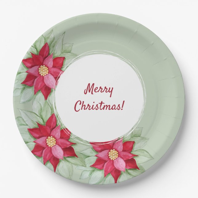 Christmas Poinsettia Watercolor Hand-painted Paper Plate (Front)