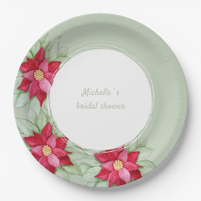 Christmas Poinsettia Watercolor Hand-painted Paper Plate (Front)