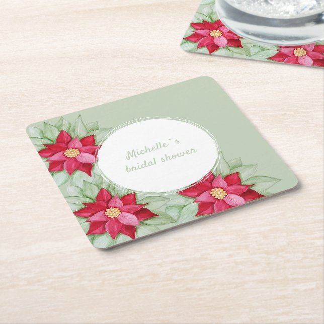 Christmas Poinsettia Watercolor Hand-painted Square Paper Coaster (Angled)