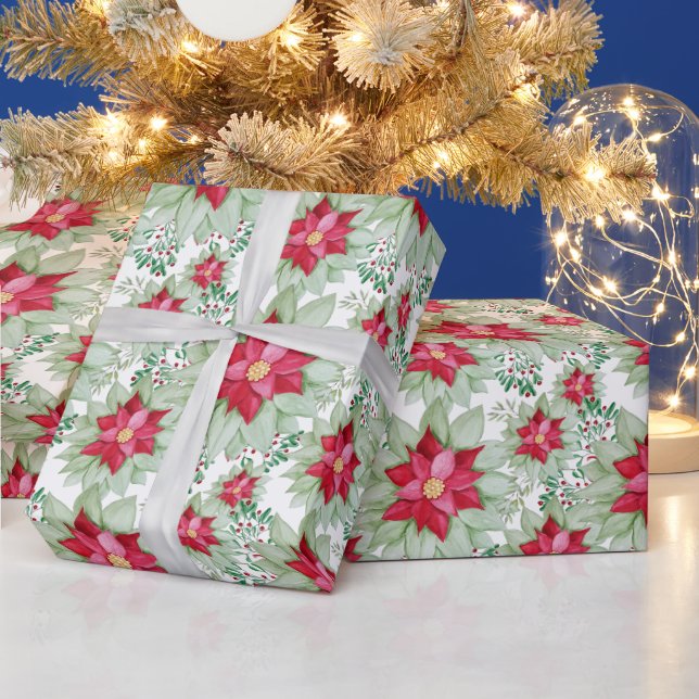 Christmas Poinsettia Watercolor Hand-painted Wrapping Paper (Holidays)