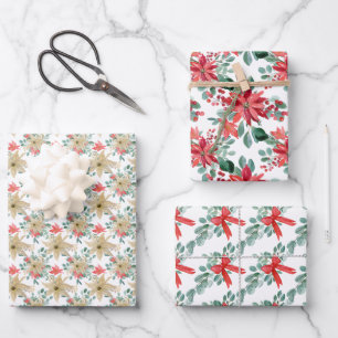 Christmas Poinsettia Watercolors Wrapping Paper Sheet