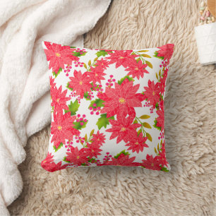 Christmas Poinsettia White Cushion
