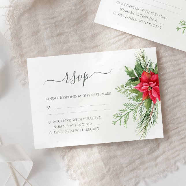 Christmas Poinsettia Winter Greenery Botanical RSVP Card (Creator Uploaded)