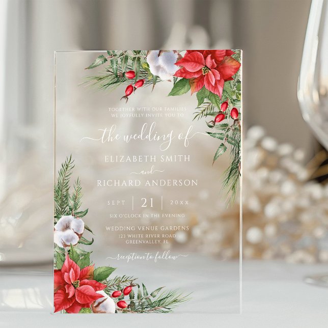 Christmas Poinsettia Winter Greenery Wedding Acrylic Invitations (Creator Uploaded)