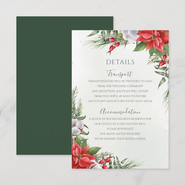 Christmas Poinsettia Winter Greenery Wedding Enclosure Card (Front/Back)