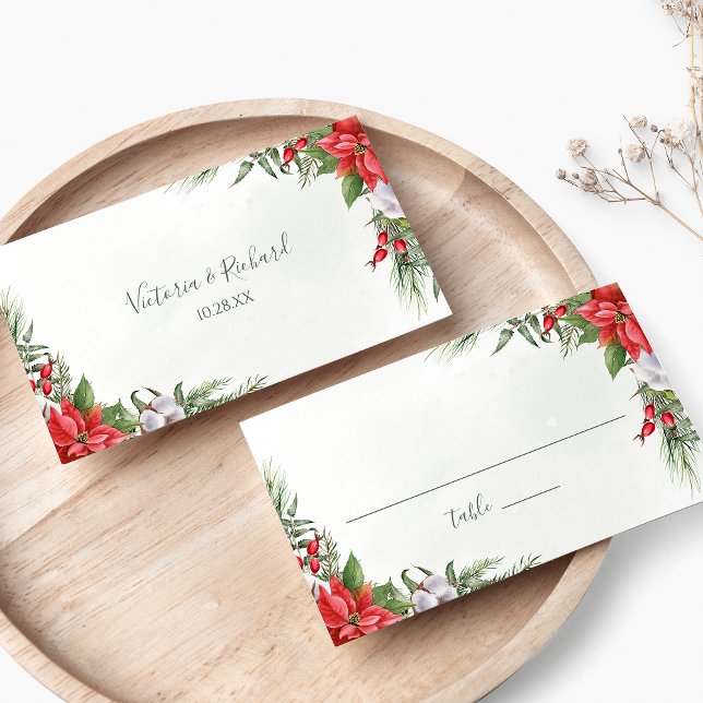 Christmas Poinsettia Winter Greenery Wedding Place Card (Creator Uploaded)