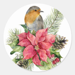 Christmas Poinsettia with Bird Classic Round Sticker