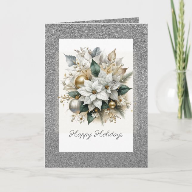 Christmas Poinsettia with Silver Glitter  Holiday Card (Front)