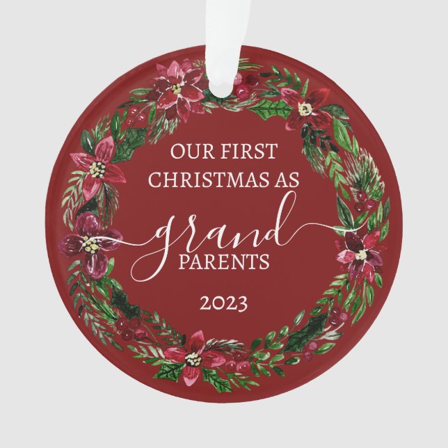 Christmas Poinsettia Wreath Grandparents Photo Ornament (Front)