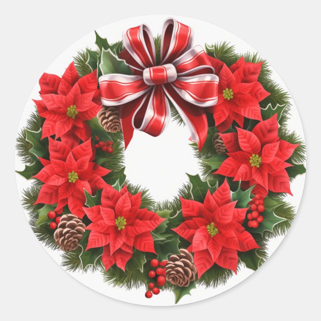 Christmas Poinsettia Wreath Greeting Card Classic Round Sticker (Front)