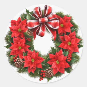 Christmas Poinsettia Wreath Greeting Card Classic Round Sticker