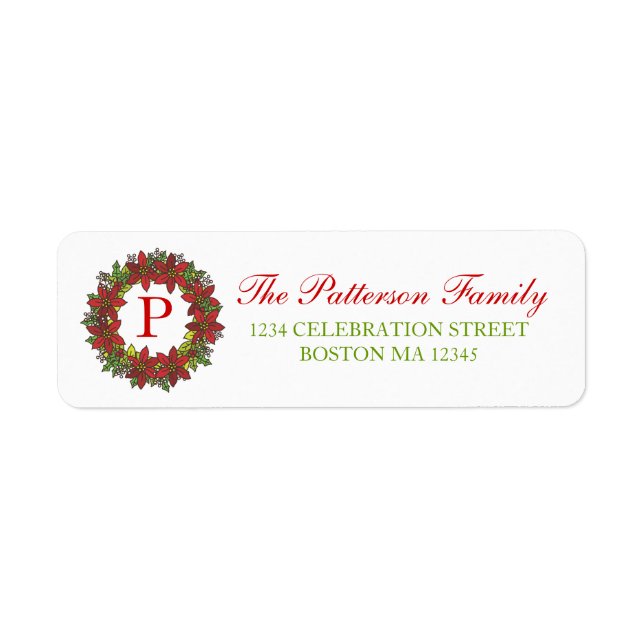 Christmas Poinsettia Wreath Monogram Address Label (Front)