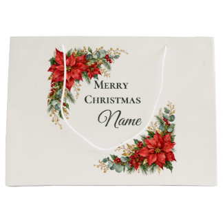 Christmas Poinsettia Wreath with Custom Name Large Gift Bag