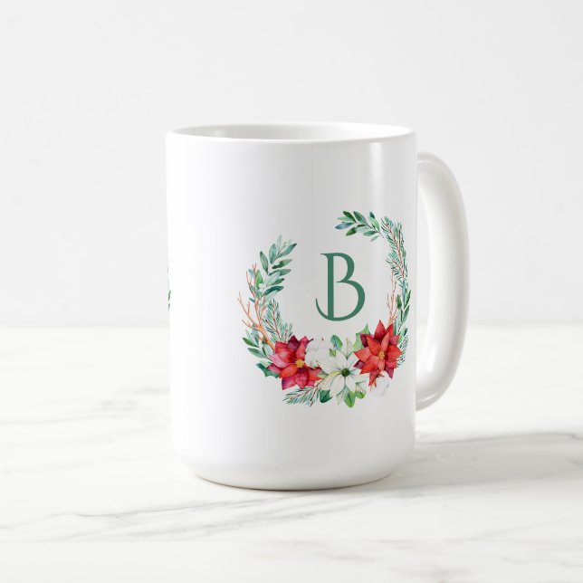 Christmas Poinsettia Wreath With Monogram Coffee Mug (Front Right)
