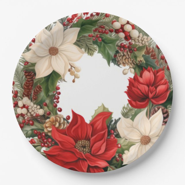 Christmas Poinsettias and Holly  Paper Plate (Front)