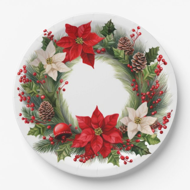 Christmas Poinsettias and Holly  Paper Plate (Front)