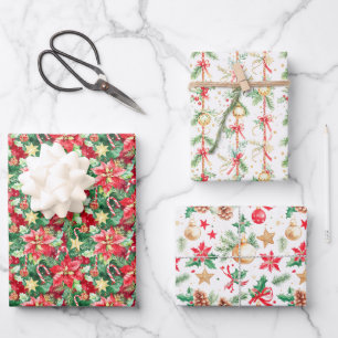 Christmas Poinsettias and Ornaments Wrapping Paper Sheet