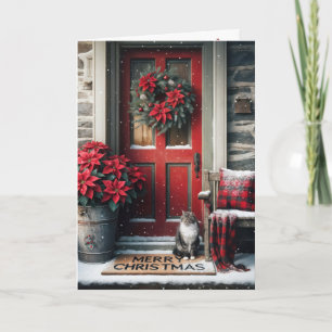 Christmas Poinsettias and Tabby Cat On Doormat Holiday Card