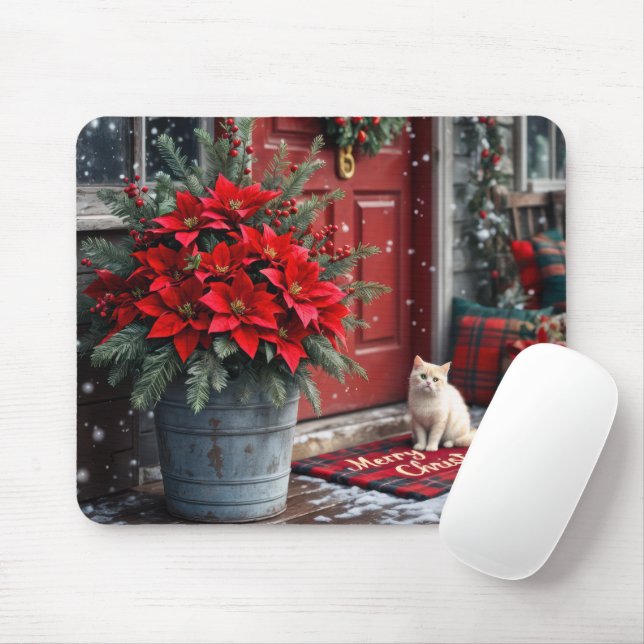 Christmas Poinsettias and White Cat Mouse Mat (With Mouse)